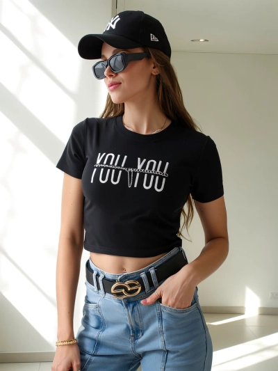 Royalfashion Haut court en coton pour femmes avec l'inscription