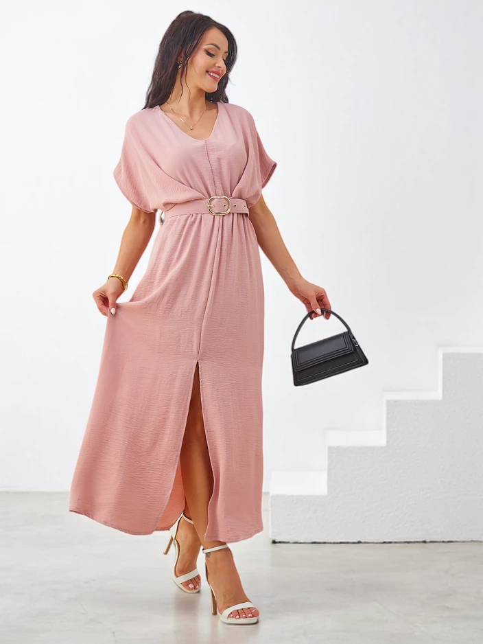 Robe midi femme Royalfashion avec manches courtes, décolleté en V et fente au milieu
