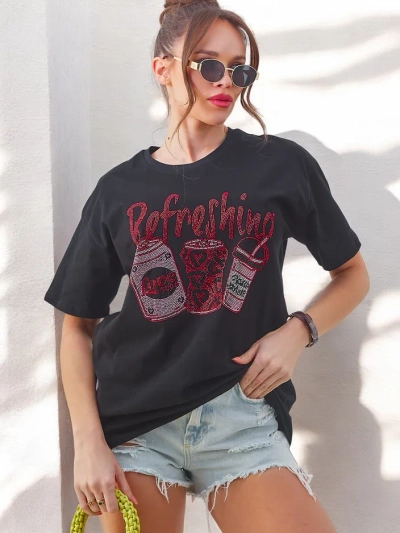 T-shirt en coton pour femmes Royalfashion avec impression de strass
