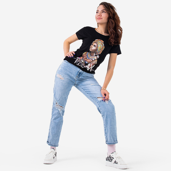 T-shirt femme noir imprimé coloré et sequins - Vêtements