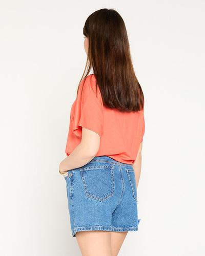T-shirt femme orange imprimé doré et zircons cubiques - Vêtements