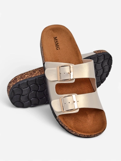 Sandales pour femmes Royalfashion Aurelia gold - claquettes plates en cuir écologique (taille 39)