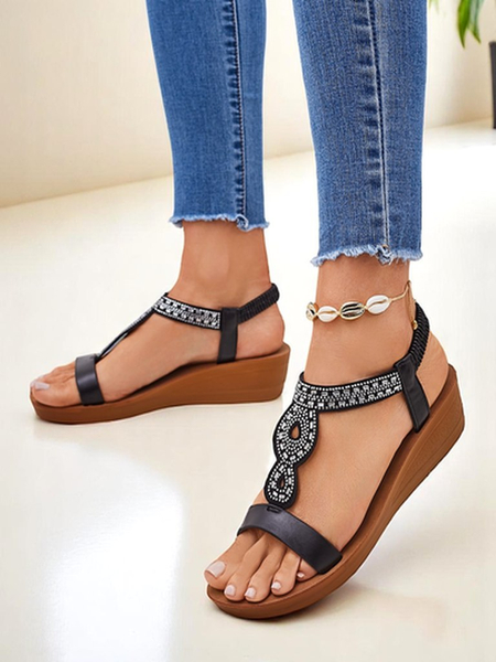 Sandales compensées Perseida Royalfashion noires en éco-cuir avec cristaux 4,5cm