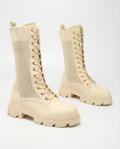 Royalfashion Bottes ajourées à lacets crème pour femme Buhomias