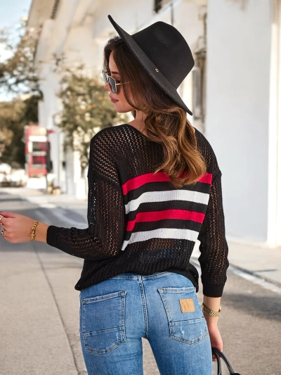 Royalfashion Pull rayé ajouré noir pour femme