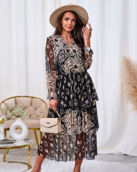 Royalfashion Robe midi en maille noire et beige avec imprimé