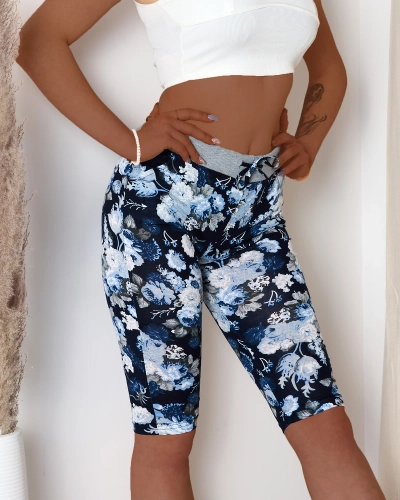 Short 3/4 femme bleu à motif fleuri - Vêtements