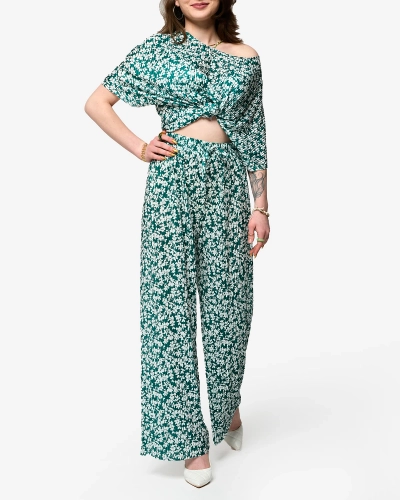 Ensemble plissé vert à fleurs noires pour femme - Vêtements