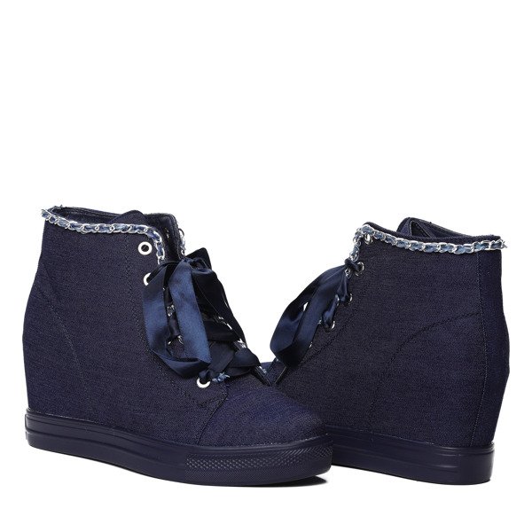 Granatowe sneakersy na krytym koturnie wiązane wstążką Isabela- Obuwie