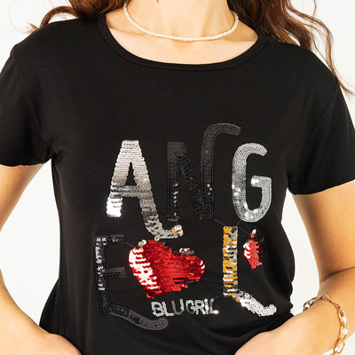 T-shirt femme noir inscription sequins - Vêtements