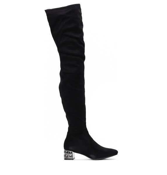 Czarne, długie kozaki ze zdobionym obcasem Back Again- Obuwie