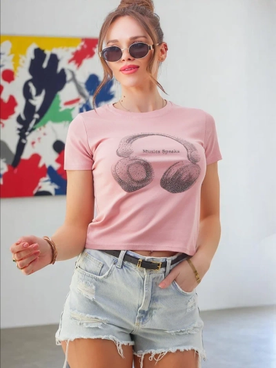 T-shirt en coton Royalfashion pour femmes avec impression Music Speaking