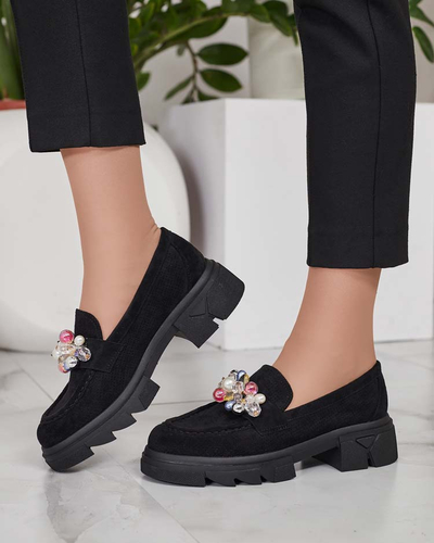 Royalfashion Mocassins noirs pour femme avec cristaux colorés Glam