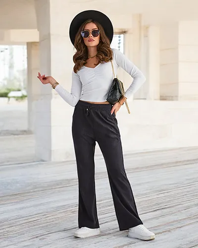 Royalfashion Pantalon en velours côtelé bleu marine pour femme