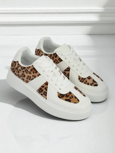 Baskets pour Femmes Calista Leopardia – Blanc Cuir Écologique Tissu Printemps 4cm