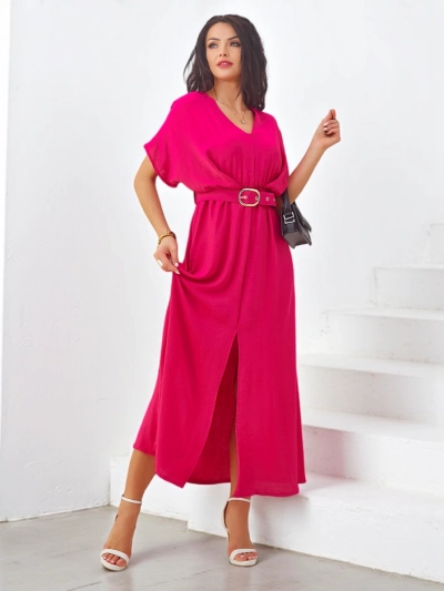 Robe midi femme Royalfashion avec manches courtes, décolleté en V et fente centrale