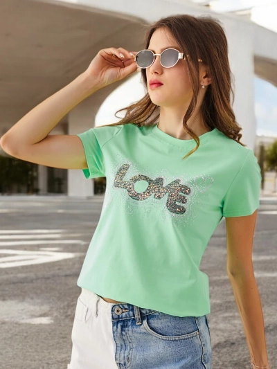 Royalfashion T-shirt en coton pour femmes LOVE avec des strass
