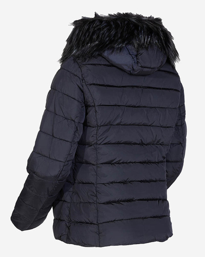 Veste matelassée pour femme bleu marine avec capuche et fourrure- Vêtements