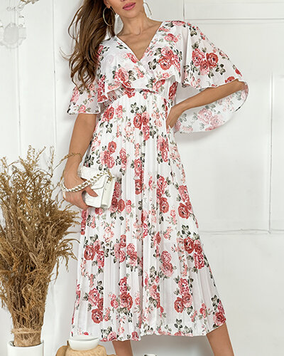 Royalfashion Robe midi florale plissée pour femme