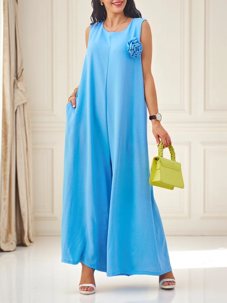 Combinaison Cyra Azzurro en Viscose avec Fleur – style d'été bleu clair