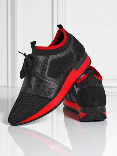 Sneakers pour femmes Artemida Nero en tissu et cuir écologique avec accent rouge