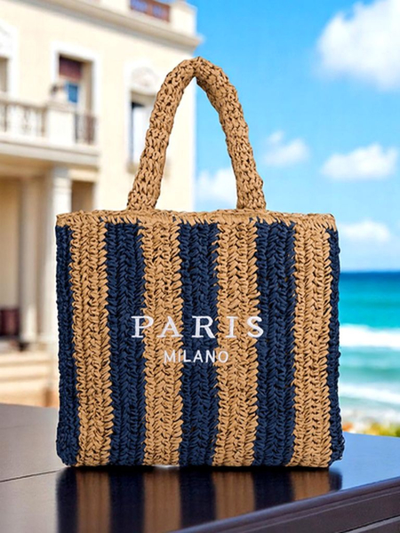 Royalfashion Grand sac en paille pour femme Sac en paille rayé