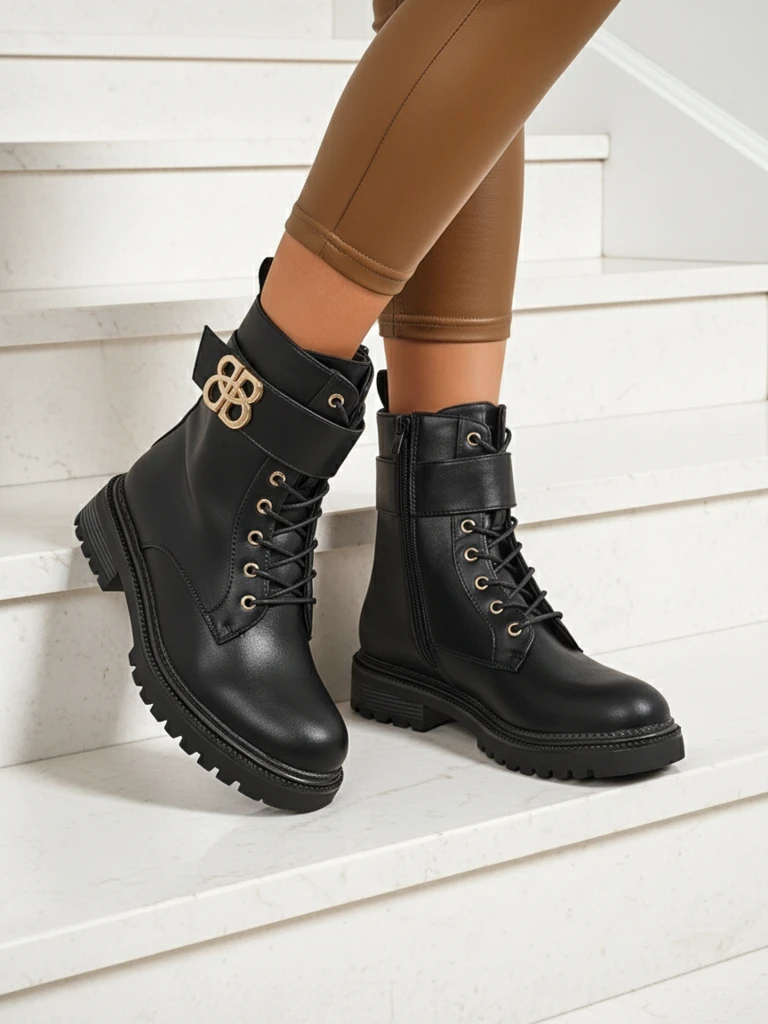 Bottines en cuir Artemisia Nero à bout rond avec fermeture éclair et boucle dorée