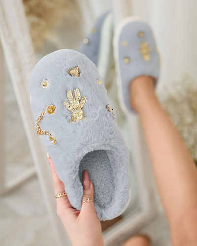 Royalfashion Chaussons de fourrure pour femme bleus avec ornements Erserra