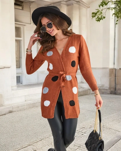 Cardigan noué marron pour femme avec épingles colorées - Vêtements