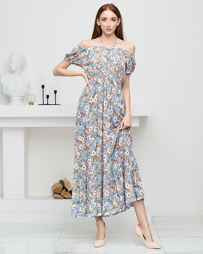 Robe d'été longue orange pour femme avec fleurs bleues - Vêtements