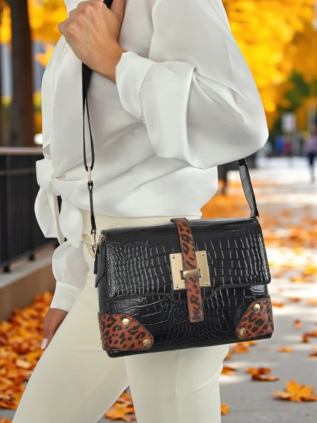 Sac pour femmes Callista Nero - cuir de crocodile écologique, noir et marron