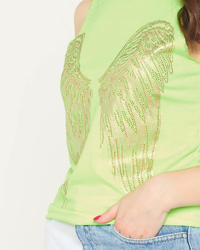 Top femme vert fluo avec imprimé ailes dorées - Vêtements