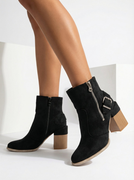 Royalfashion Bottes hautes à talon aiguille pour femmes en daim écologique noir Acimra