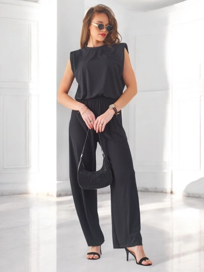 Ensemble en viscose côtelée pour femmes Royalfashion, sans manches et avec pantalons évasés