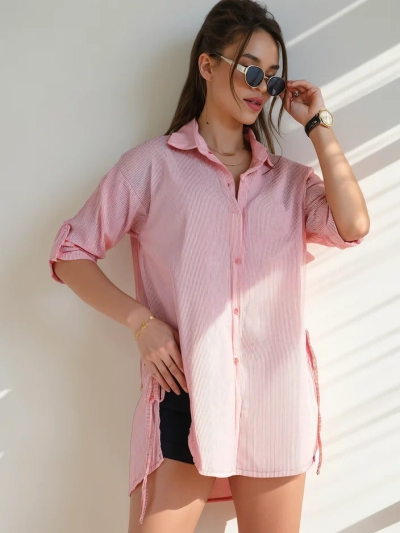 Chemise longue en coton Royalfashion pour femmes avec des rayures et une ceinture