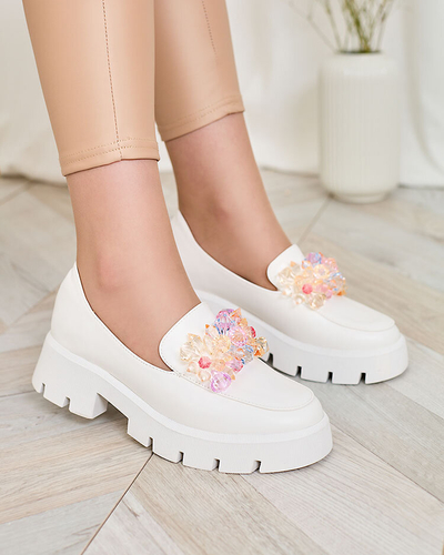 Royalfashion Mocassins pour femmes blancs avec cristaux colorés Crystal Glam