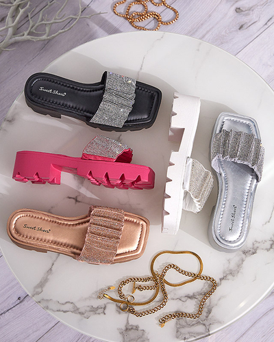 OUTLET Pantoufles argentées pour femmes avec zircons cubiques Emkoy - Footwear