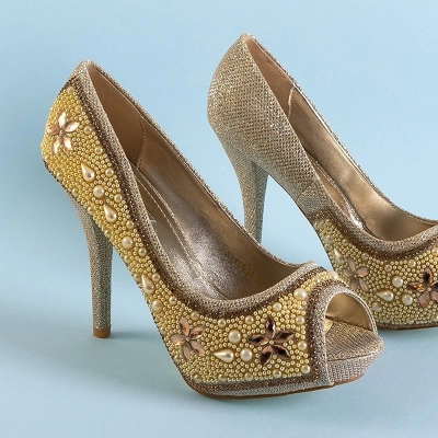 OUTLET Escarpins femme en brocart or avec zircons et perles Gitana - Chaussures