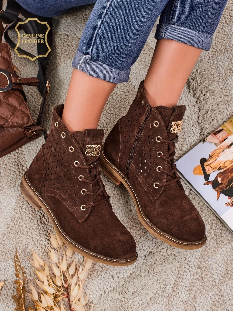 Aurelia Bottines en Daim Marron avec Fourrure Ajourées Élégantes 2,5cm