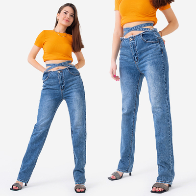 Jean bleu boyfriend pour femme avec ceinture décorative - Vêtements
