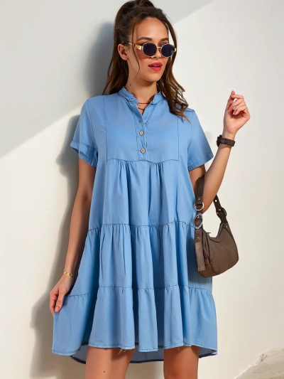 Royalfashion Tunique femme cousue comme une robe avec un col en denim boutonné