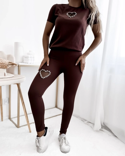 Royalfashion Ensemble de sport pour femmes marron foncé avec cœurs