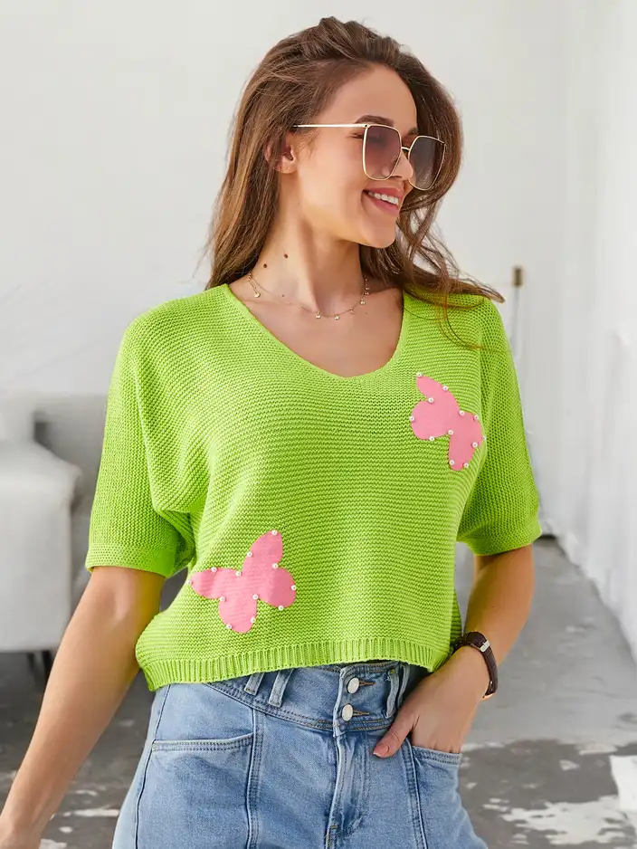 Royalfashion Pull court en coton pour femmes avec des papillons