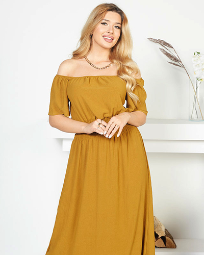 Robe midi moutarde à taille élastique - Vêtements