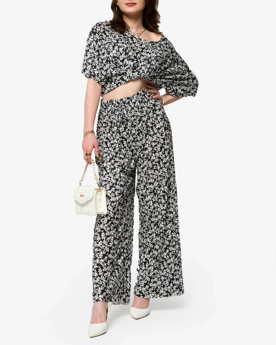 Ensemble plissé floral noir pour femme - Vêtements