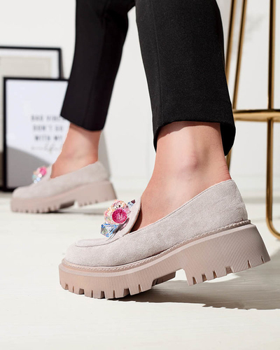 Mocassins gris clair pour femmes avec perles colorées Hetika - Footwear