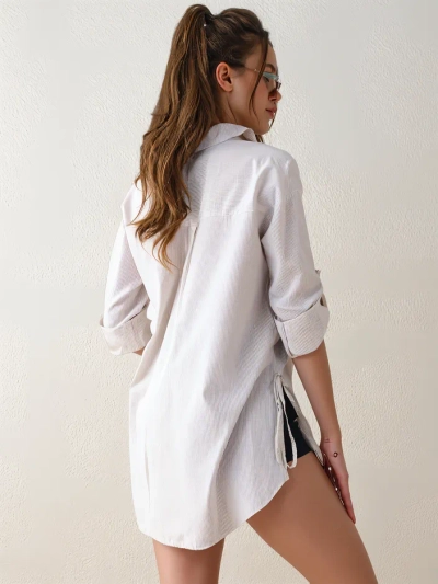 Royalfashion Chemise en coton rayée pour femmes plus longue avec un lien à la taille