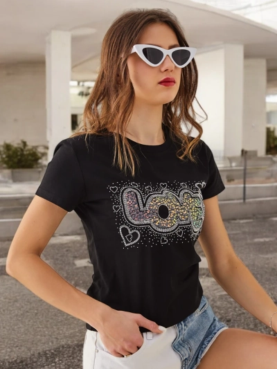 Royalfashion T-shirt en coton pour femmes LOVE avec des strass