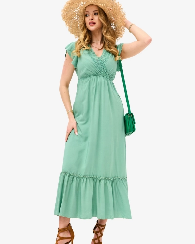 Robe longue verte à dentelle pour femme - Vêtements