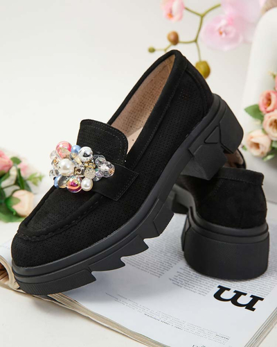 Royalfashion Mocassins noirs pour femme avec cristaux colorés Glam